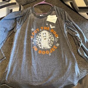 LuLaRoe Charcoal Long Sleeve Tee with Orange Boo Design